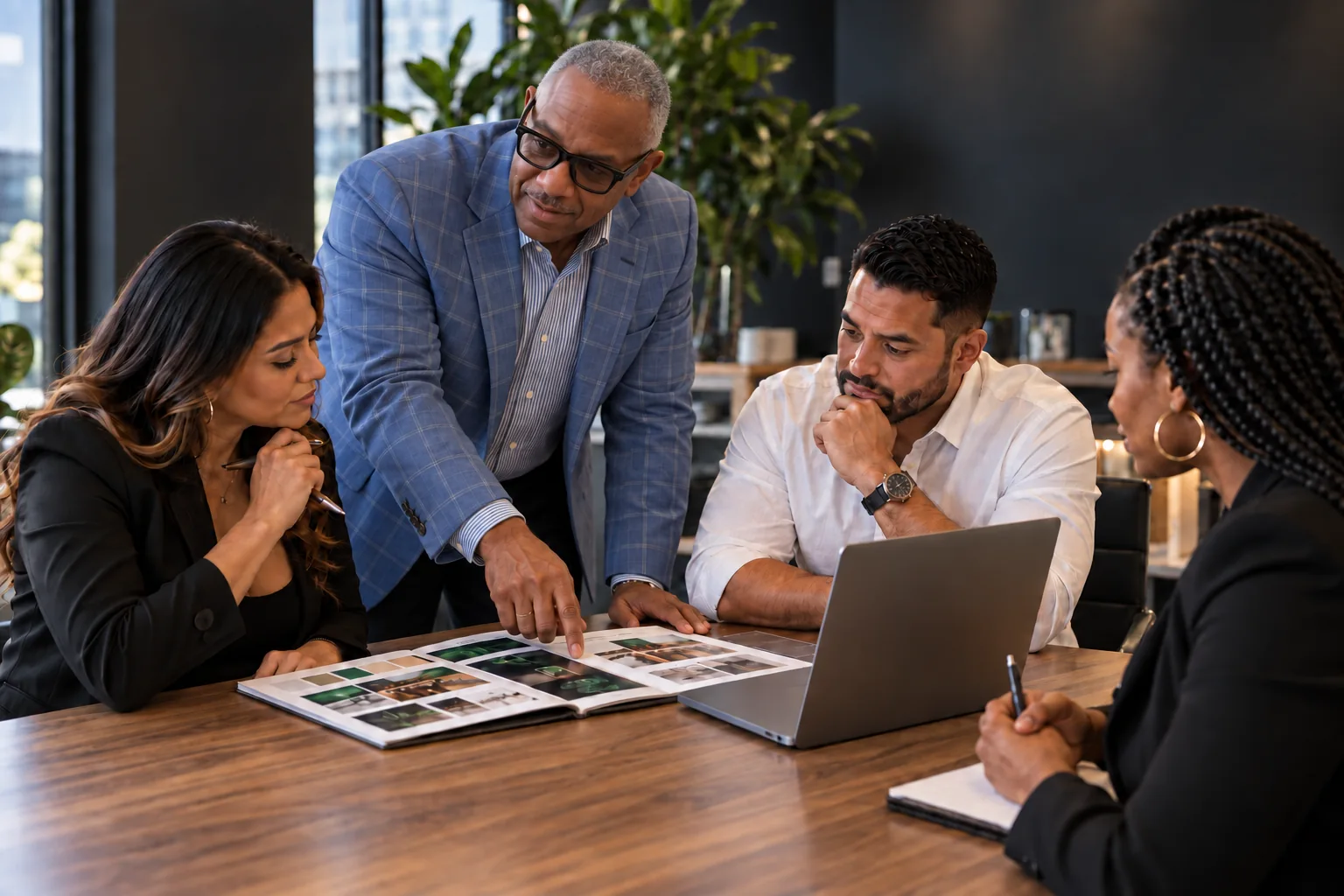 Brand strategist reviewing visual concepts with a small business team