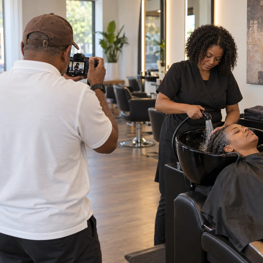 Photographer capturing a hairstylist washing a client's hair at a salon