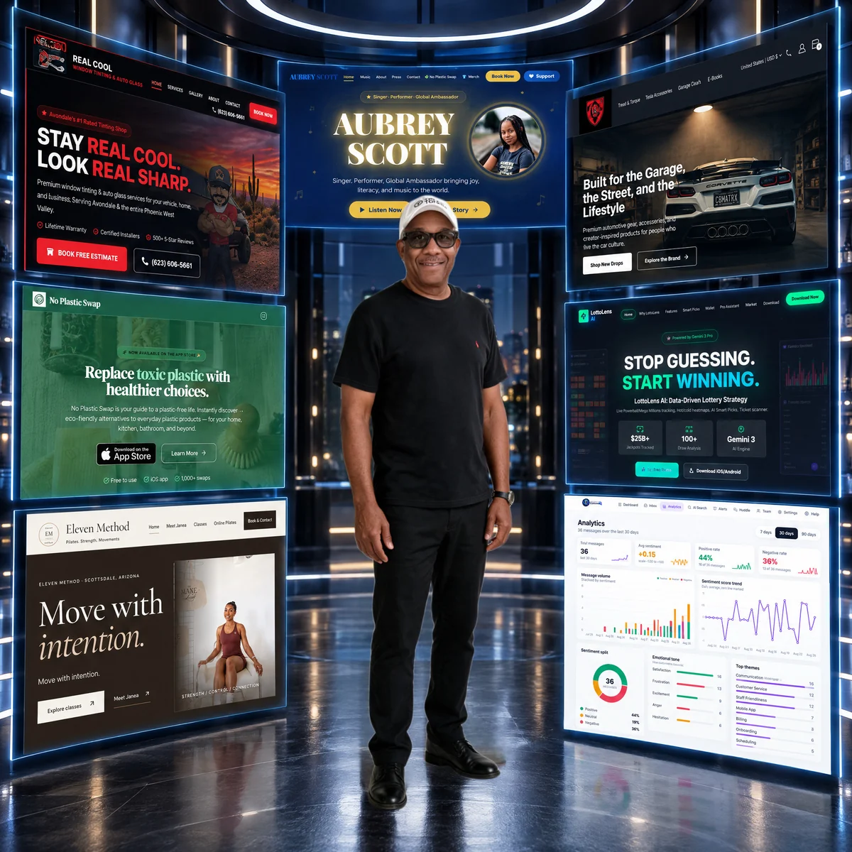 Marketing strategist surrounded by client websites and campaign analytics
